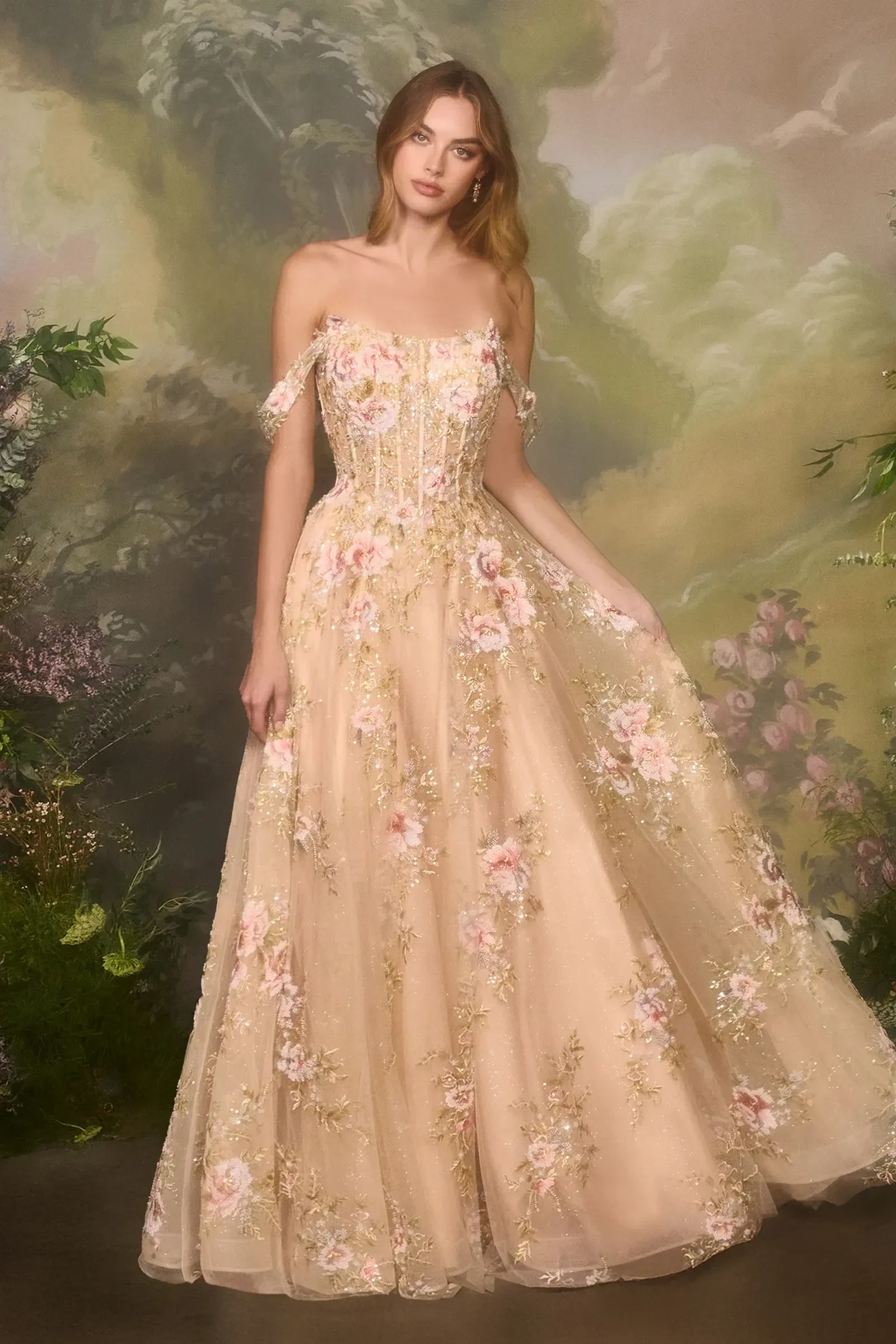 Model wearing a gold gown by Jovani